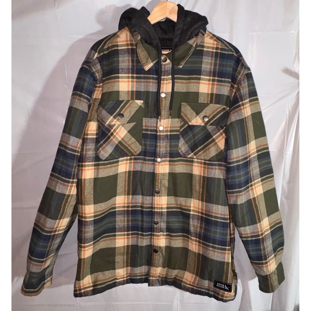 Eddie Bauer Mens Plaid Flannel Hooded Shirt Jacket Lg Quilted Lined Green Orange